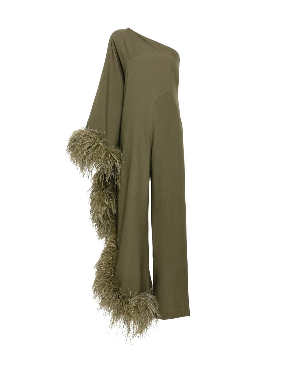 Taller Marmo Olive One-Shoulder Feather-Trim Jumpsuit